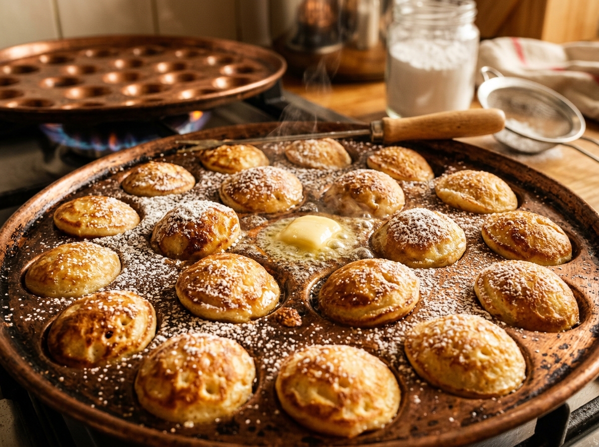 Dutch Drip fresh poffertjes cooking on copper griddle